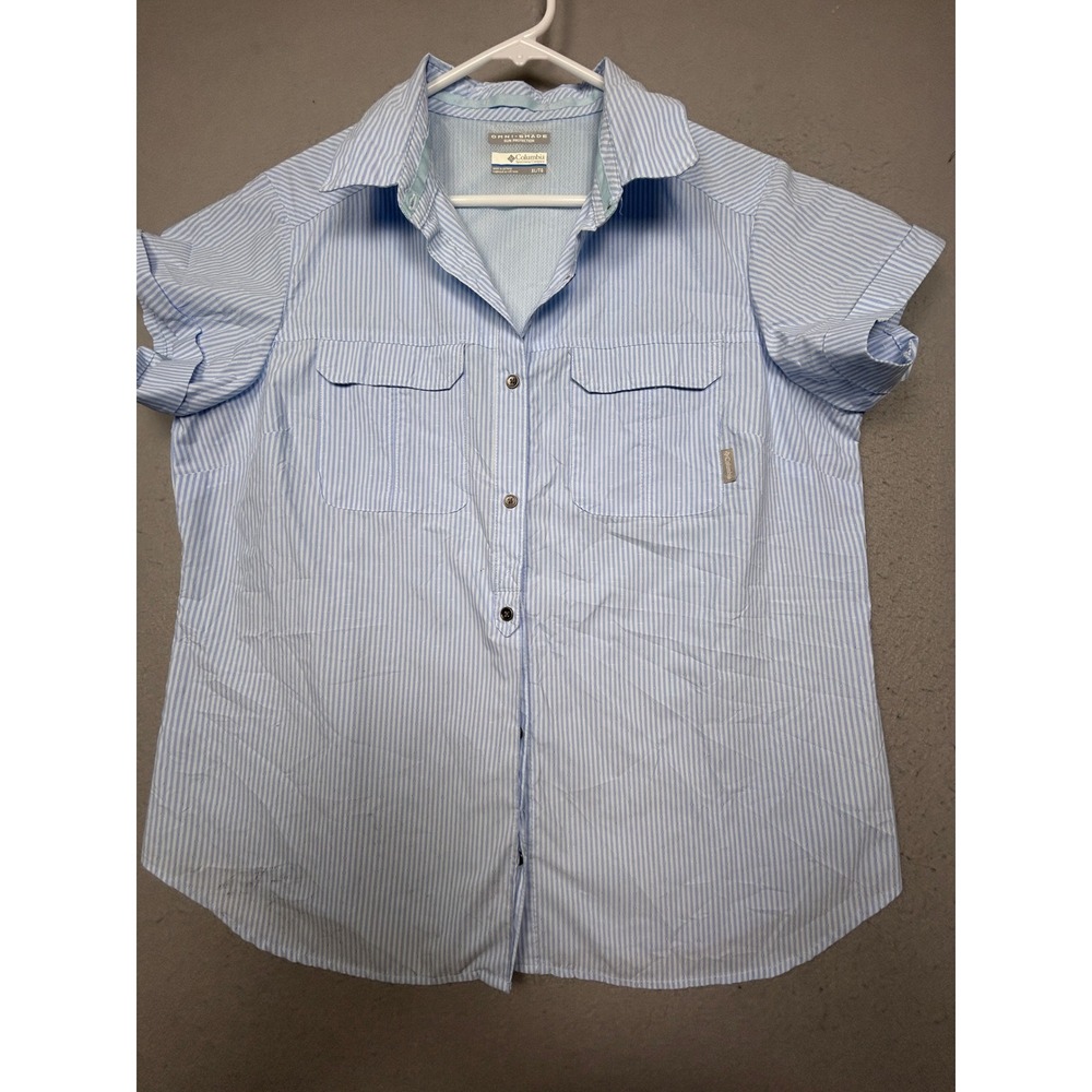 Columbia Shirt 100% Polyester Blue White Striped XL Womens